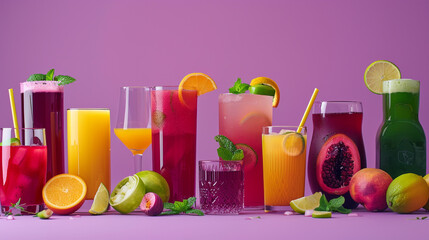 Embark on a visual journey with a sophisticated 8K HD image featuring a variety of plant-based beverages against a rich purple isolated background, capturing the healthful and colorful array.