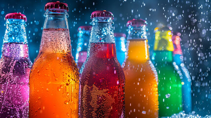 Experience a burst of color with an 8K HD image capturing vibrant bottles of soft drinks against a luxurious deep blue isolated background, showcasing the effervescent joy in every hue.