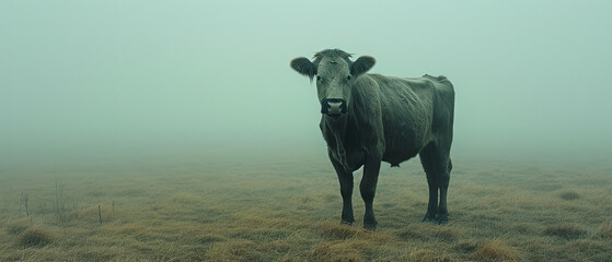 Obraz premium a cow standing in a field in the fog