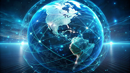 Obraz premium Digital world centered in the USA, concept of global network and communication on Earth, information exchange and international communication, data transfer and cyber technology