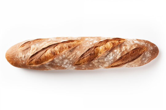 Long loaf isolated on white background, baguette close-up, beautiful and fresh bread for advertising