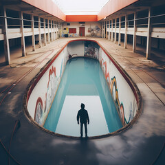 A skateboarder doing tricks in an empty swimming pool
