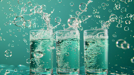 Immerse yourself in the lively world of bubbles with a sophisticated 8K HD image showcasing carbonated drinks against a striking emerald green background, highlighting the effervescent charm. - obrazy, fototapety, plakaty