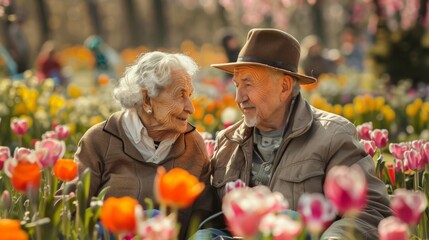 A loving elderly couple sharing a moment together, surrounded by vibrant tulips in full bloom.