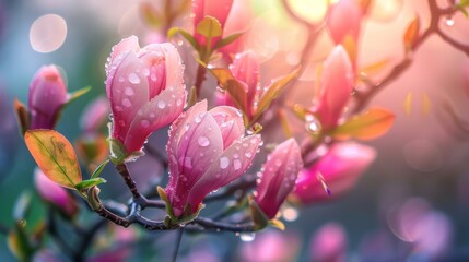 Early morning light captures the delicate water droplets on the soft pink petals of magnolia buds in springtime.