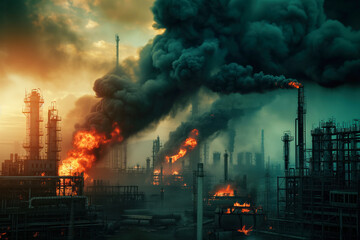 Obraz premium Military strikes caused damage to an oil refinery, which resulted in large fire Generative AI