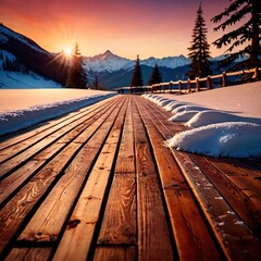 Wooden flooring background with winter snow background, empty space for product mockup