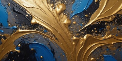 Splashes of bright paint on the canvas. Gold, black, blue and gray colors. Interior painting. Beautiful background
