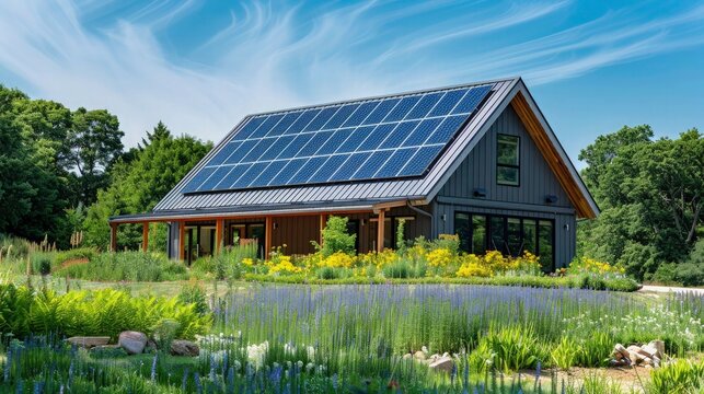 modern eco friendly house with a solar system. Solar panels on the on the roof. 