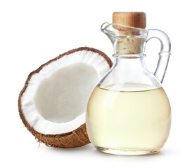 Bottle of coconut oil and half of coconut fruit on white background - 753641709