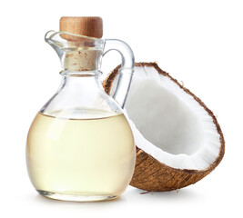 Bottle of coconut oil and half of coconut fruit on white background - 753641714