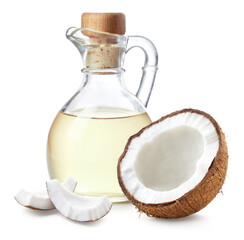 Bottle of coconut oil and half of coconut fruit on white background - 753641716