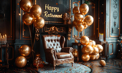 Festive and luxurious Happy Retirement celebration setup with golden balloons, confetti, and an elegant armchair, symbolizing a joyful farewell to work life