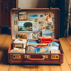 A vintage suitcase filled with travel souvenirs. - obrazy, fototapety, plakaty