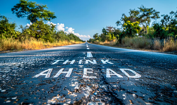 Endless asphalt road stretching into the horizon with THINK AHEAD painted on the surface, symbolizing strategic planning and future goals amidst a lush landscape