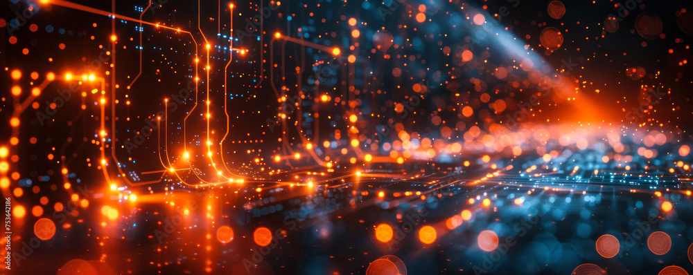 Poster futuristic glowing circuit board with advanced technology and data processing icons, representing hi