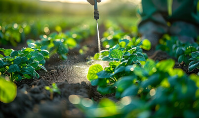 Early morning gardening, a farmer carefully sprays young green plants with fertilizer to promote growth and protect against pests