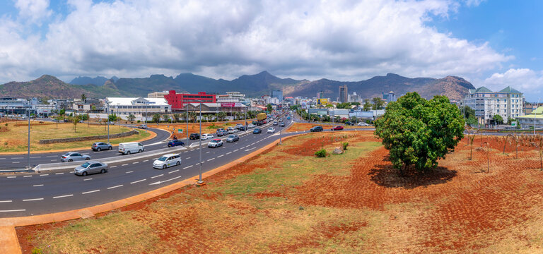 View of city skyline and mountainous backdrop of Port Louis, Port Louis, Mauritius