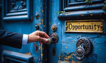 Man in a business suit reaching for a door knocker on a vintage door with a sign reading Opportunity, depicting the moment of seizing a chance