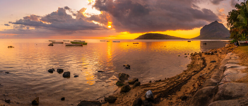 View of Le Morne from Le Morne Brabant at sunset, Savanne District, Mauritius