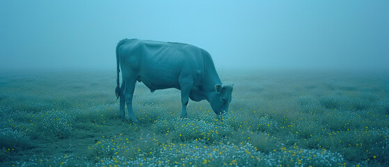 a cow that is standing in the grass in the fog
