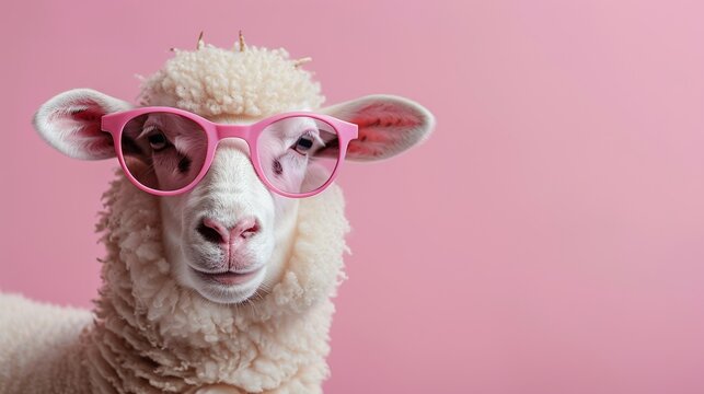 Humorous sheep wearing sunglasses isolated on soft pastel background with space for text