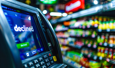 Close-up view of a payment terminal screen displaying declined message in a grocery store, symbolizing payment issues and financial transactions