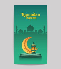 Ramadan kareem islamic social media story vector editable template design with arabic lantern, crescent, lantern, podium and silhouette of mosque