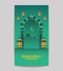 Ramadan kareem islamic social media story vector editable template design with arabic door, lantern, and silhouette of mosque