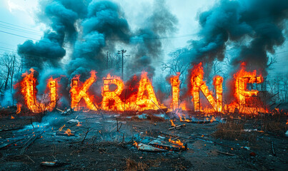 Dramatic depiction of the word UKRAINE engulfed in flames with smoke rising against a devastated landscape, evoking the urgency of crisis and conflict - obrazy, fototapety, plakaty