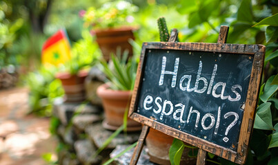 Question ¿Hablas español? written on a chalkboard with a Spanish flag, inviting the viewer to engage with the Spanish language and culture