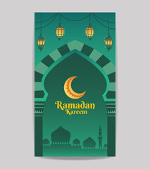 Ramadan kareem islamic social media story vector editable template design with arabic door, crescent, lantern, and silhouette of mosque