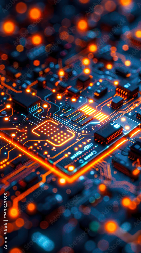 Poster futuristic glowing circuit board with advanced technology and data processing icons, representing hi