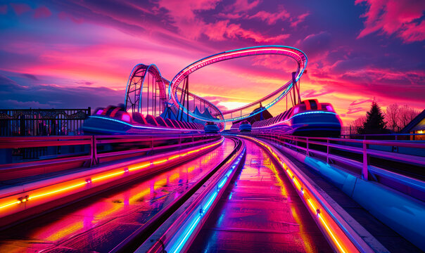 Dynamic roller coaster tracks glowing with neon lights under a vibrant sunset sky, symbolizing excitement, speed, and thrilling amusement park adventures