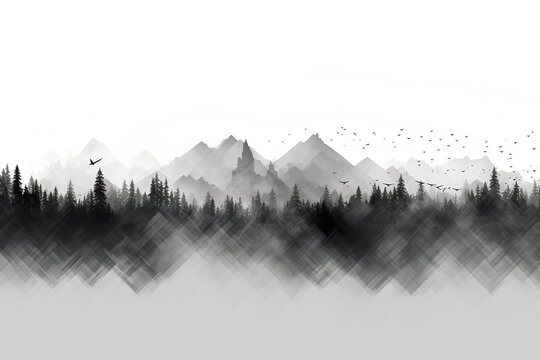 Drawing of mountains in black and white. Horizontal mountain landscape. Generative AI