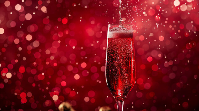 Raise a glass to joy with an enticing 8K HD image featuring a champagne bottle and glass against a vibrant ruby red background, creating a visual spectacle.