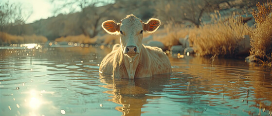 a cow that is standing in the water