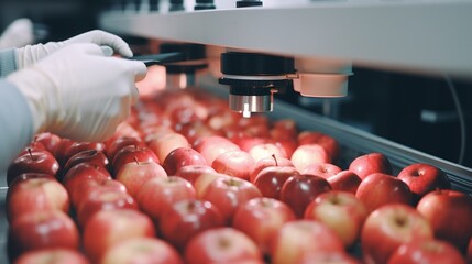 Examining apple quality under microscope in food lab man assessing freshness and standards.