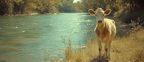 a cow standing on the side of a river