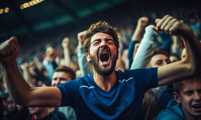 Exhilarated crowd of football/soccer fans cheering passionately in a stadium, expressing intense emotion and support during a thrilling football match - obrazy, fototapety, plakaty