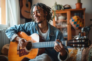 Obraz premium An elated guitarist enjoys playing music, promoting relaxed entertainment and creativity at home