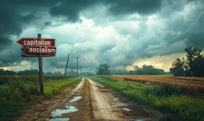 Directional signposts with capitalism and socialism against a cloudy sky, depicting a conceptual crossroads between two distinct economic systems