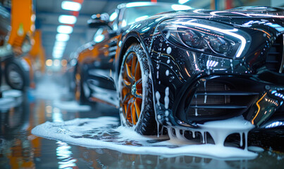 Premium black sedan car undergoing a deep clean with high-foam soap at a car wash station, showcasing a meticulous auto detailing process