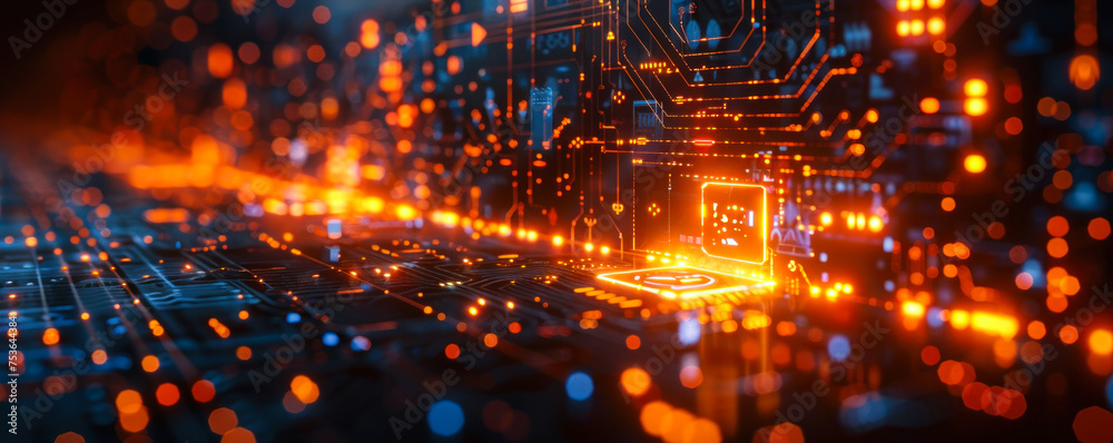 Poster futuristic glowing circuit board with advanced technology and data processing icons, representing hi