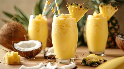 Glasses with pineapple smoothie, straws and coconut are placed on the table. Pineapple smoothie looks attractive and delicious, with visible pineapple pieces and a creamy consistency.