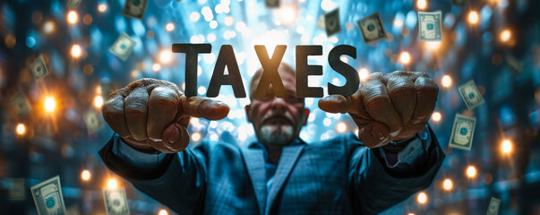 Businessman in a suit pointing at the word TAXES with flying money background, symbolizing the importance and impact of taxation in finance - obrazy, fototapety, plakaty