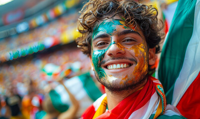 Fototapeta premium Euphoric Italian soccer fan celebrates with vibrant face paint, embracing team spirit and camaraderie at a lively stadium