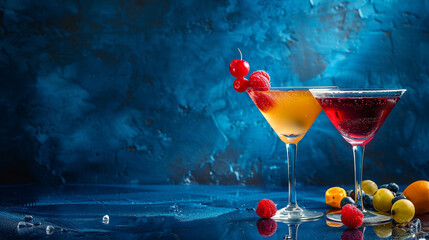Sip on the freshness of an 8K HD image showcasing fruity cocktail glasses against a luxurious deep blue isolated background, capturing the vibrant colors and tempting textures.