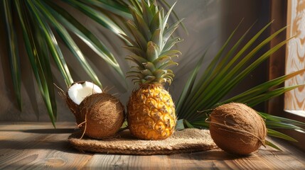 natural light to bring out the texture and color of the pineapple and coconut. The table is placed near a window or outdoors to highlight the attractiveness of the fruit.