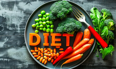 Healthy diet concept with DIET spelled out in vegetables on a plate with broccoli, carrots, and beans, symbolizing nutritious food choices